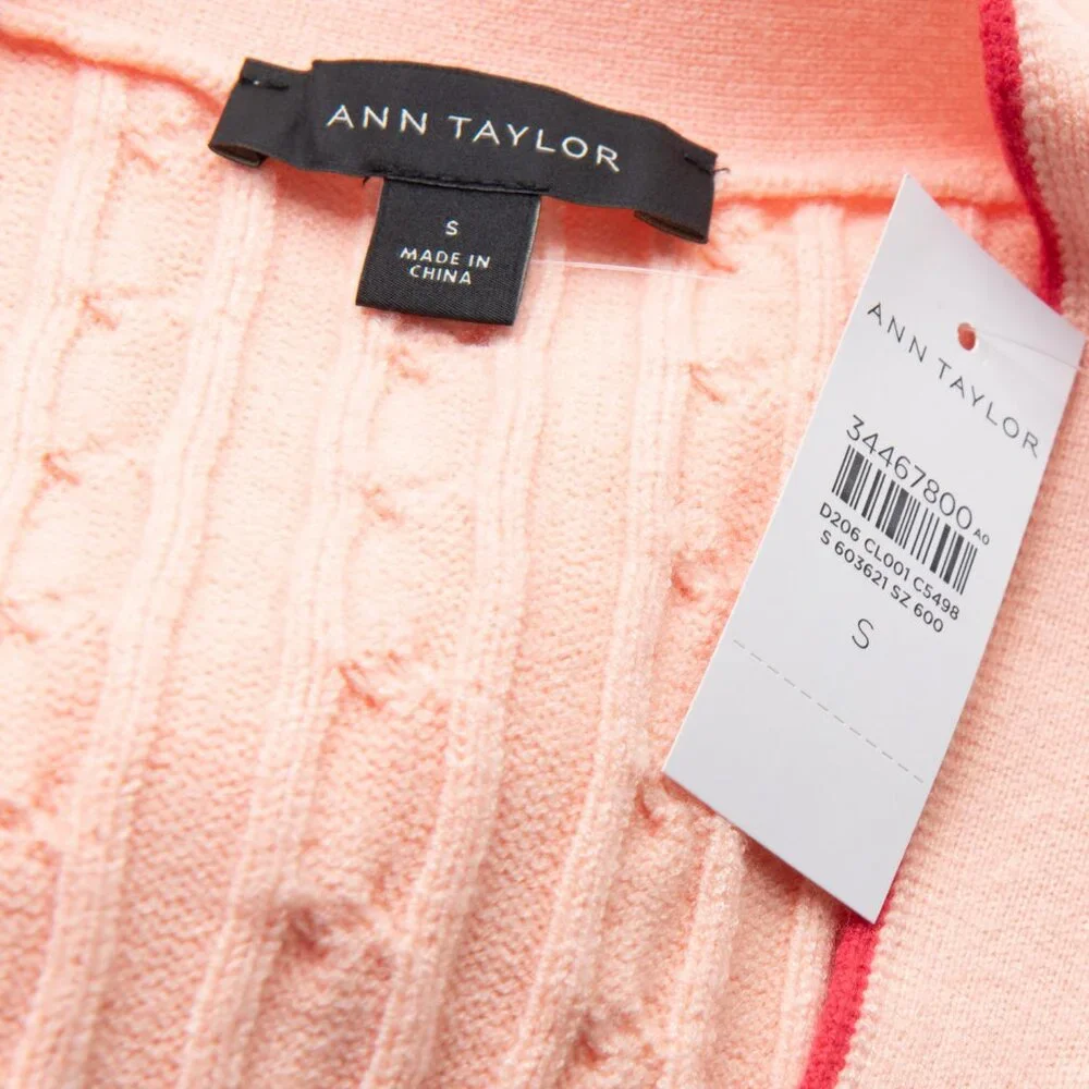 Ann Taylor Cardigan Sweater Cable Knit Boyfriend Tipped Peach Size Small New - Picture 3 of 5